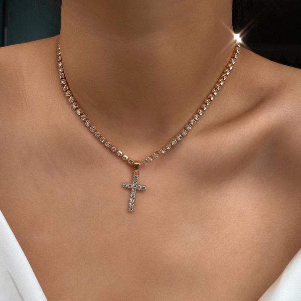 

chains fashion vintage cross jesus pendant necklace for women men tennis chain choker female statement christian jewelry gift, Silver
