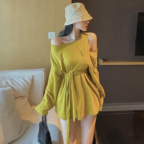 

casual dresses autumn small fresh dress women personality loose solid color strapless high waist long sleeve short style, Black;gray