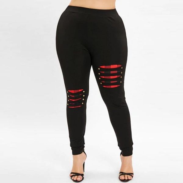 

women plus size casual solid beading ripped plaid panel elastic high waist slim soft workout exercises leggings pants women's, Black