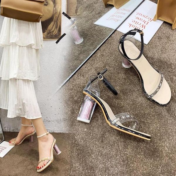 

dress shoes candy color cylinder high heels transparent sandals women cover heel ankle strap crystal beads gladiator sandalias mujer y994, Black