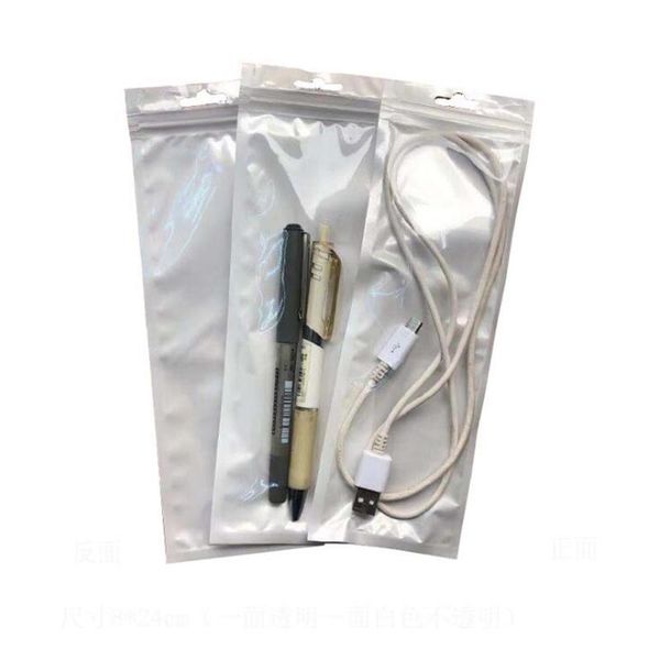 8 * 24cm Branco / Limpo Reclosable Zíper Plástico de Embalagem de Embalagem Bolsas De Armazenamento De Bloqueio De Zíper Com Hang Buraco Para Acessórios Do Telefone