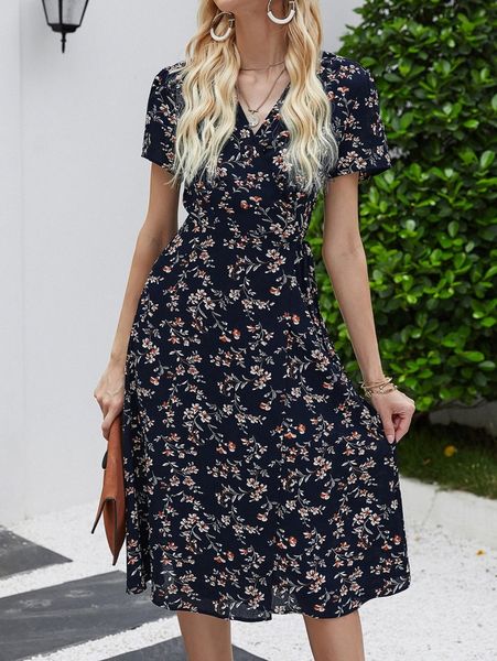 

floral print wrap belted dress p7c1#, Black;gray