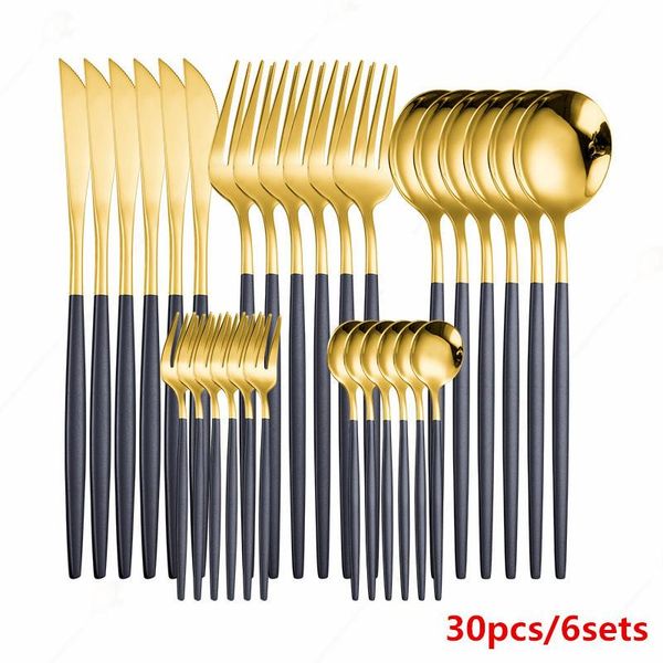 

dinnerware sets gold fork spoon knife set black stainless steel tableware western christmas gift kitchen cutlery