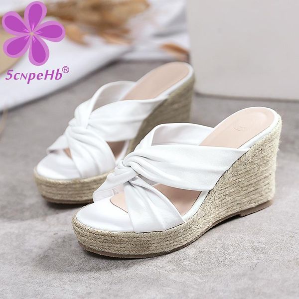 

slippers outside wear women leather wedges fashion straw open toe super high heels thick sole summer shoes silver white color, Black
