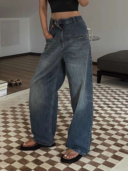 

autumn high waist slim pocket casual tube wide leg dragging loose women 1070, Blue