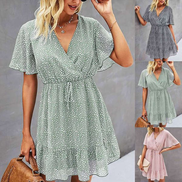 

women's year fashion chiffon print v-neck dress, Black;gray