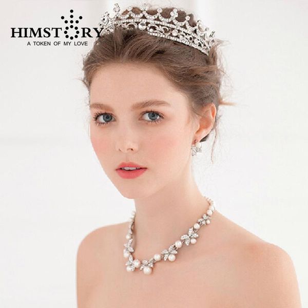 

earrings & necklace flower pearl vintage hair crown earring set ,princess jewelry 3pcs for wedding party, Silver