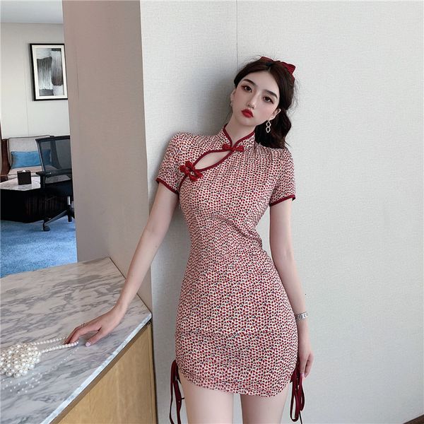 

female nightclub temperament collar standing hollow buckle cut cord plied cheongsam in short sleeves 82c2, Black;gray