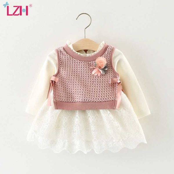 LZH 2021 Herbst Frühling Nette Baby Mädchen Kleid Strick Jacke + Kleid 2 stücke Set Infant Baby Neugeborenen Baumwolle Prinzessin kleid 0 1 2 3 Jahr Q0716