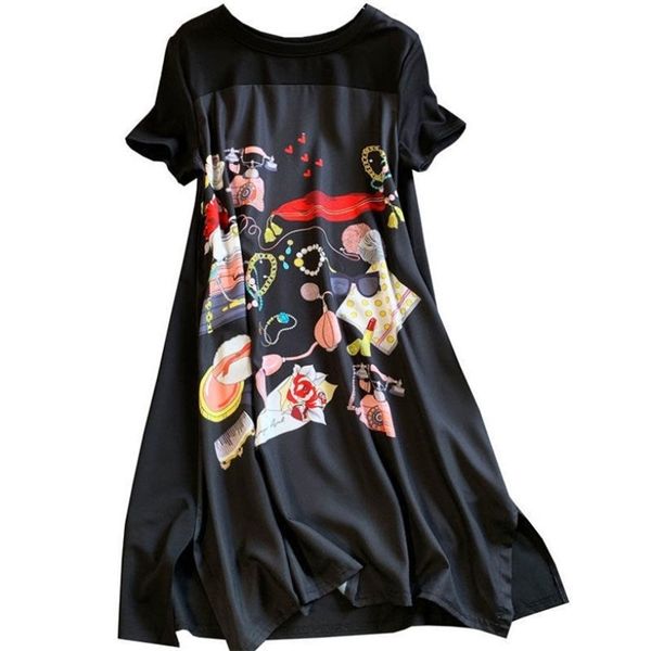 

summer dress women new large size slimming loose fashion belly-covering length black spliced printing vintage oversized dress, Black;gray