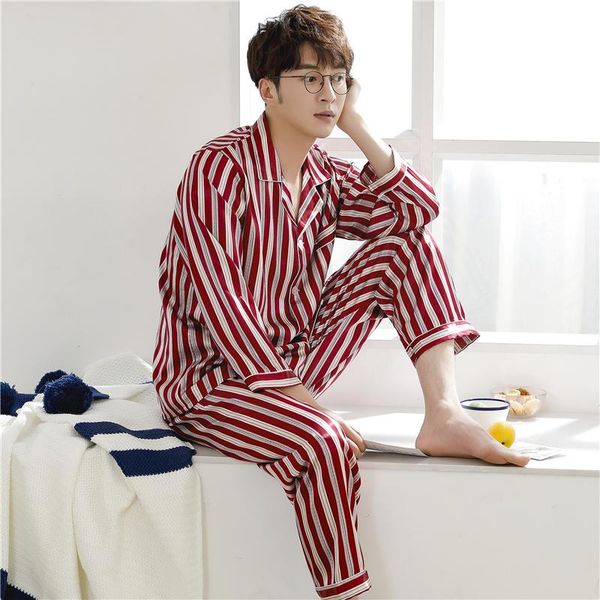

spring silk men pajamas set striped homewear long sleeve turn-down collar casual soft loose plus size l-3xl male sleepwear, Black;brown