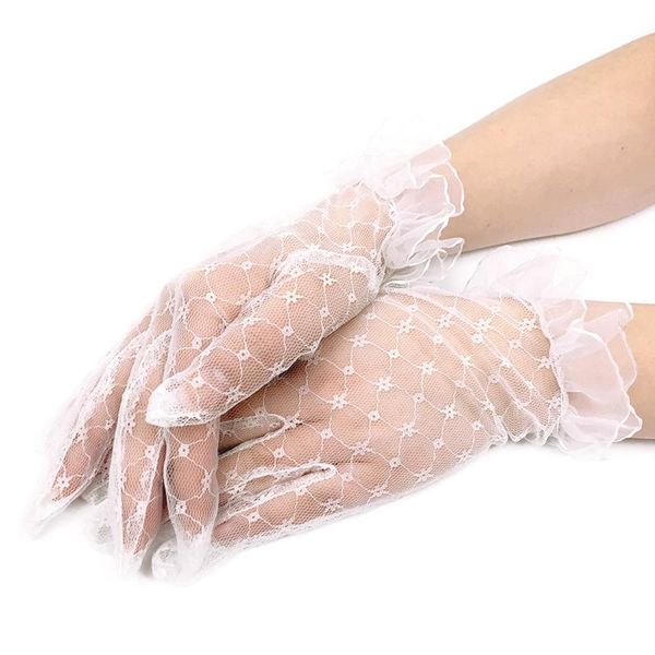 

five fingers gloves women white color lace short bride wedding style summer cute breathable grid waist mittens, Blue;gray