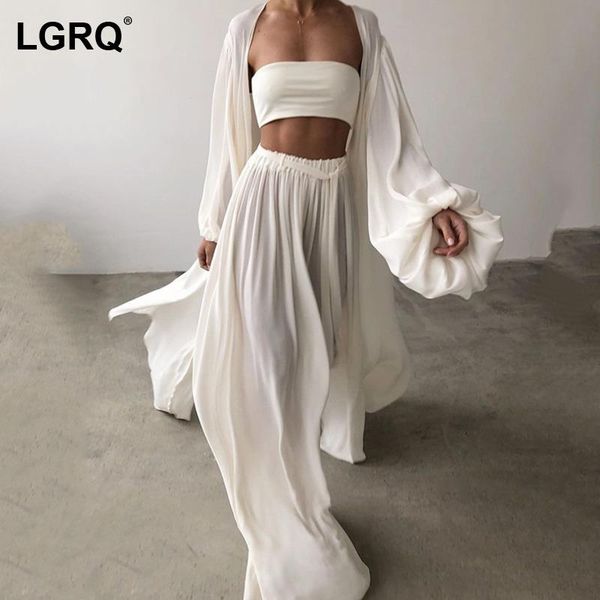 

women's two piece pants [lgrq] wide leg apricot casual bandage suit lantern sleeve fit women fashion tide spring autumn 2021 19d2437, White