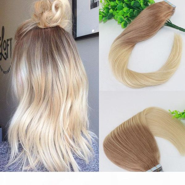 

two tone tape in human hair extensions #18#613 ombre blonde seamless brazilian virgin human hair skin weft slik straight100g 40pcs, Black