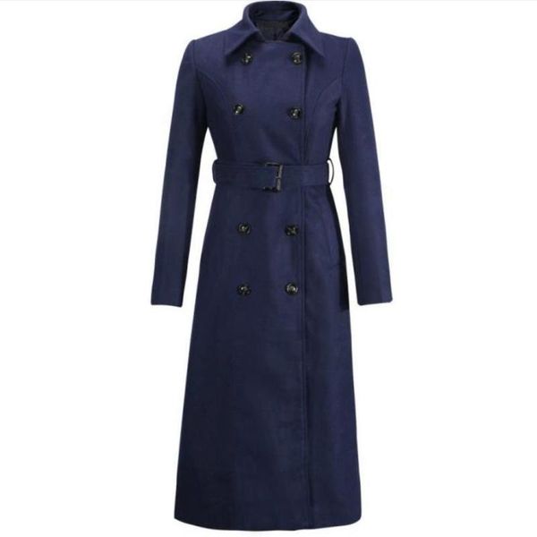 

women's wool & blends arrival elegant double breasted woolen coat women slim waist ol long overcoat with belt, Black