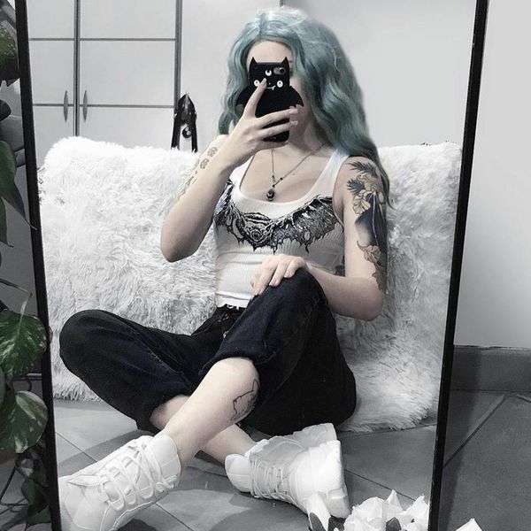 

harajuku slim knitt tank women casual sleeveless bat printing bodycon 2021 summer streetwear, White