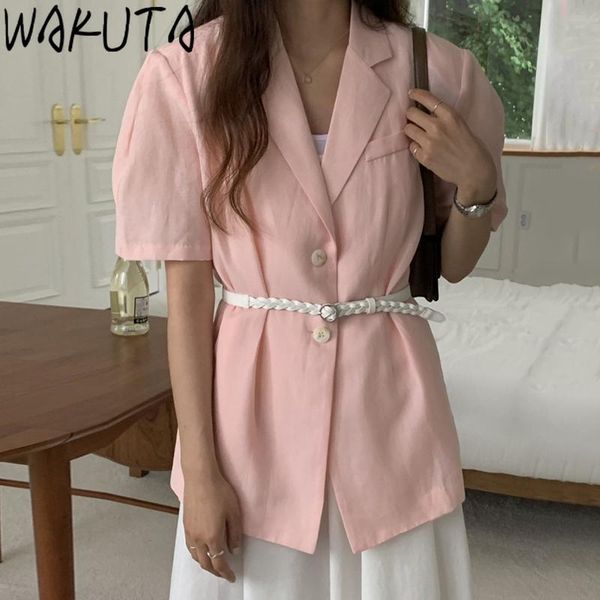 

women's blouses & shirts wakuta pink loose single row two buttons thin summer women 2021 puff sleeve notched korean fashion o neck, White