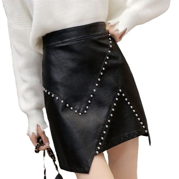 

women's pu leather skirt new fashion rivet high waist a-line skirt autumn winter irregular package hip mini short skirt ml285 210315, Black