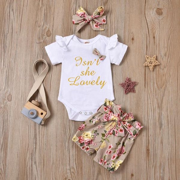 

clothing sets #vw letter print romper+floral shorts set bow headband summer o-neck cute toddler baby girl short sleeve ropa niÃ±os, White
