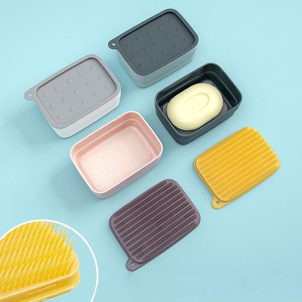 

1pc portable leak-proof dish case durable plastic drain travel washing soap box with lid bathroom gadget slip-proof soap case