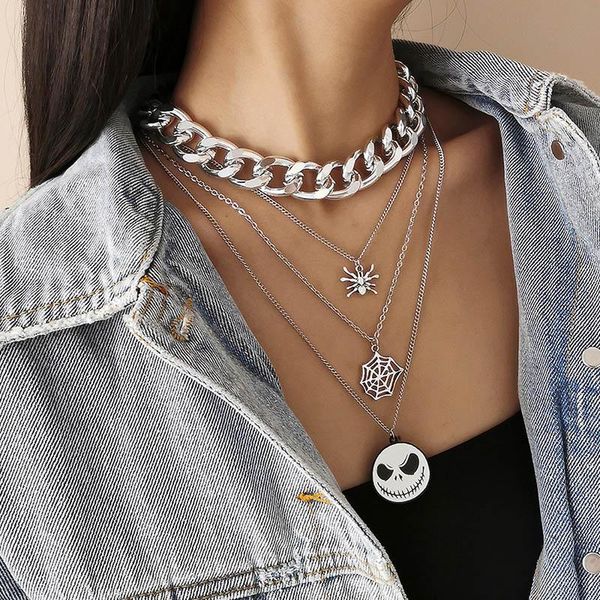 

pendant necklaces punk exaggerated spider cobweb pumpkin necklace for women hiphop geometric thick chain halloween party jewelry, Silver