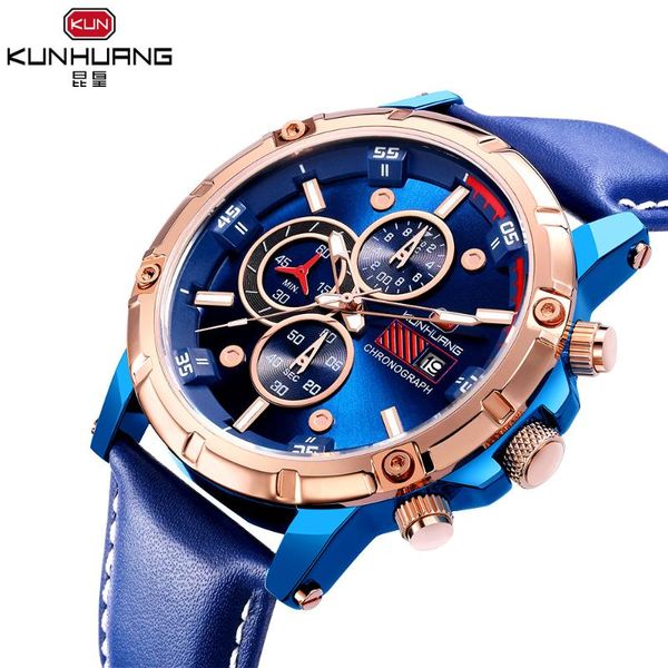 wristwatches 2021 mens watches big dial military quartz watch casual leather waterproof sport chronograph men, Slivery;brown