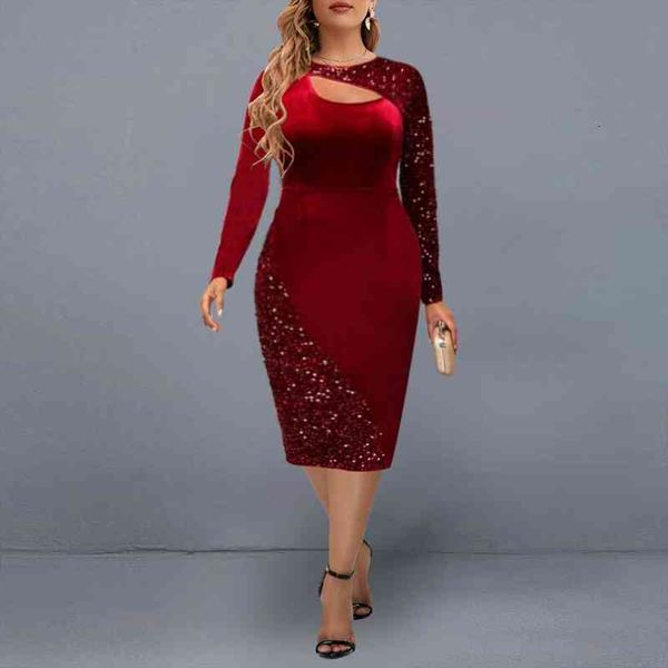 

party dress plus size women elegant long sleeve mid dresses fall winter lady chic sequin cut out christmas club dress, Black;gray