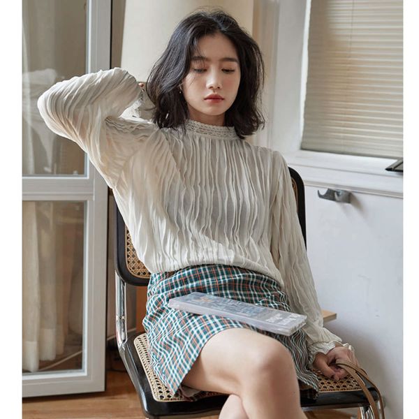 

half high collar with chiffon bottom coat, women's 2021 new lace shirt, korean slim fit, flaring sleeve fashion, White