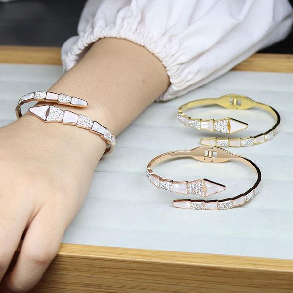 

bangle ladies classic stainless steel diamond white shell open bracelet personality rose 18k gold colorless fashion jewelry, Black