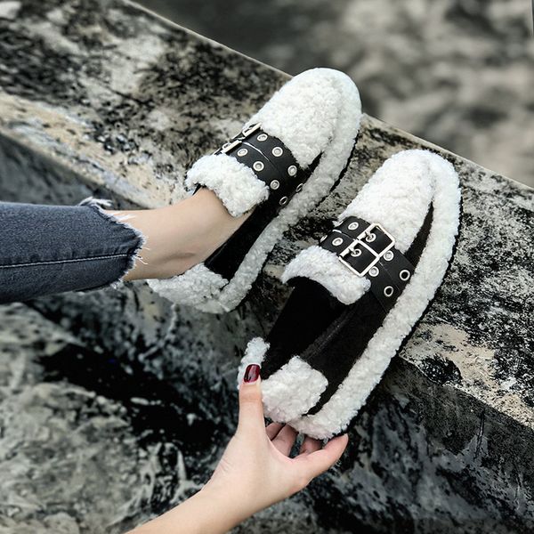 

swonco furry woman slip lazy female heels winter shoes moccasins lbwn, Black