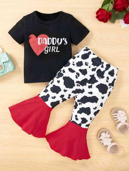 

baby letter and heart print tee & flare leg pants she, White