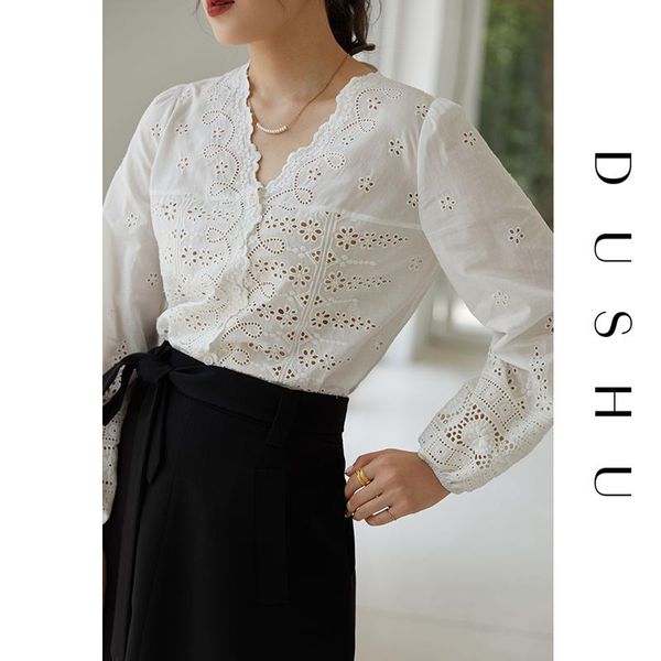 

dushu v neck hollow out white blouse shirt women floral embroidery vintage shirt female long sleeve elegant plus size