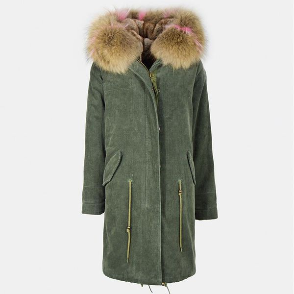 

women's wool & blends coat army-green long style parka corduroy cool mix color raccoon fur collar pink and natural imitation, Black