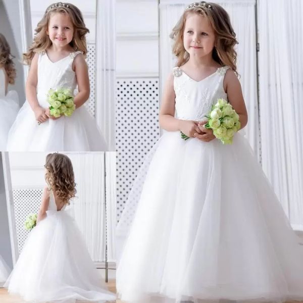 Elfenbein Spitze Ballkleid Blumenmädchenkleider für Hochzeit Perlenbesetztes rückenfreies Festzugskleid für Kleinkinder Tüllapplikationen Sweep Train Kinder-Abschlussballkleid