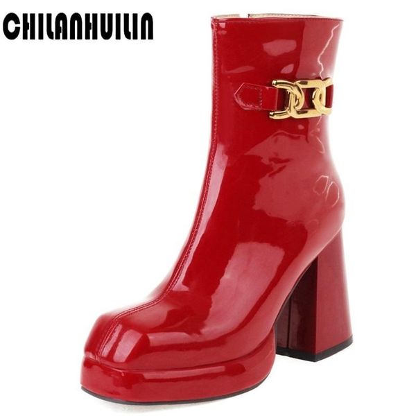 

boots leather women high heels platform ankle for square toe autumn winter shoes metal buckle rain, Black