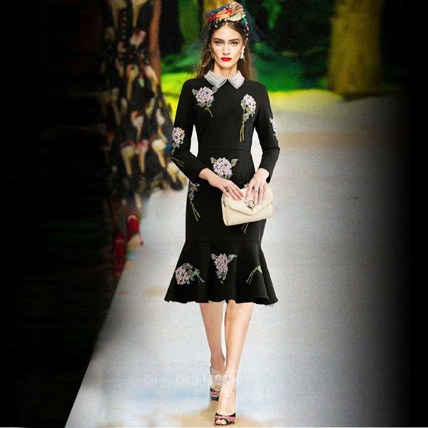 

new spring vintage floral beading embroidery es for women 2021 runway elegant long sleeve midi mermaid iy08, Black;gray