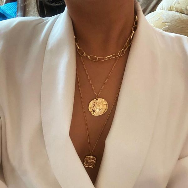

chains daxi simple multi-layered pearl pendant necklace geometric punk square coin crystal female 2021 trendy jewelry, Silver