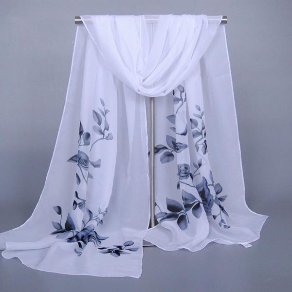 

spring and summer women long soft wrap scarf shawl flowers printed cape chiffon polyester tippet muffler scarves, Blue;gray
