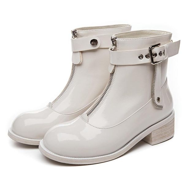 

boots women ankle zipper woman shoes belt buckle female fashion ladies chunky metal decoration round toe, Black