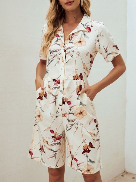 

emery rose plants print button front shirt romper s2ui#, White