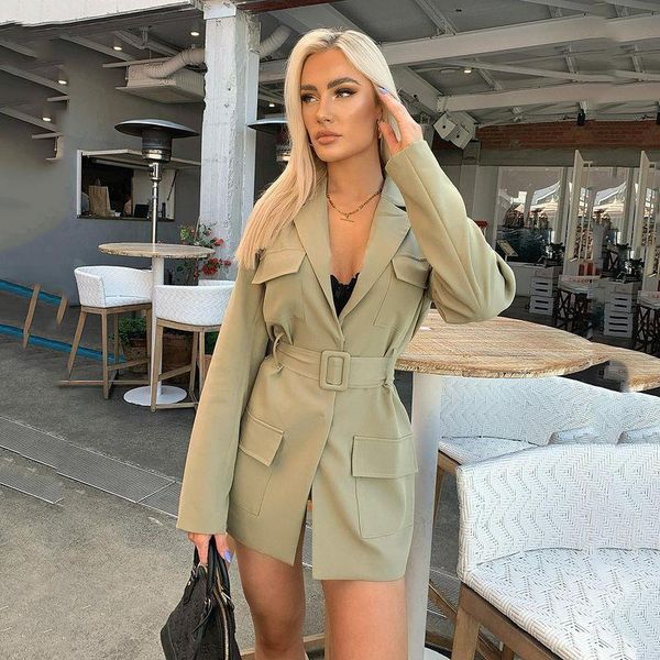 

women's suits & blazers nshypoi 2021 autumn solid color mid-length suit cardigan lace-up collar long-sleeved plus size jacket, White;black