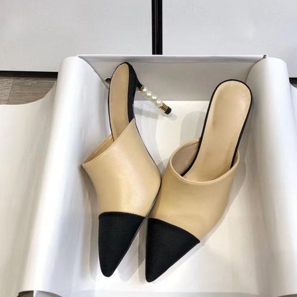

dress shoes women thin high heel sandals 2021 summer elegant pearl pointed toe mixed-color slippers female fashion, Black