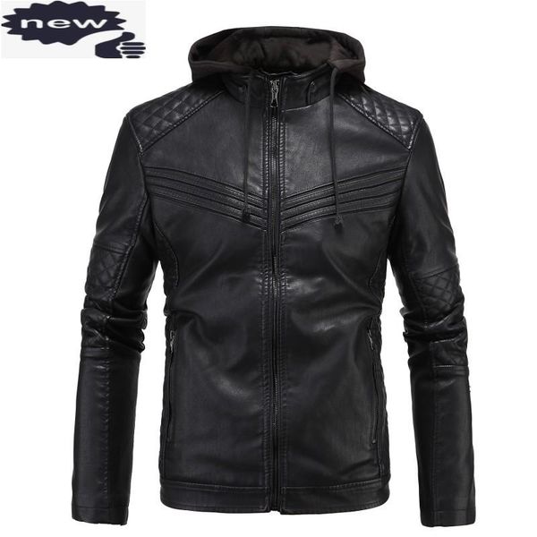 

men's fur & faux fashion hooded pu leather jacket men british fleece lining warm coat rock overcoats loose fit jaqueta motoquei, Black