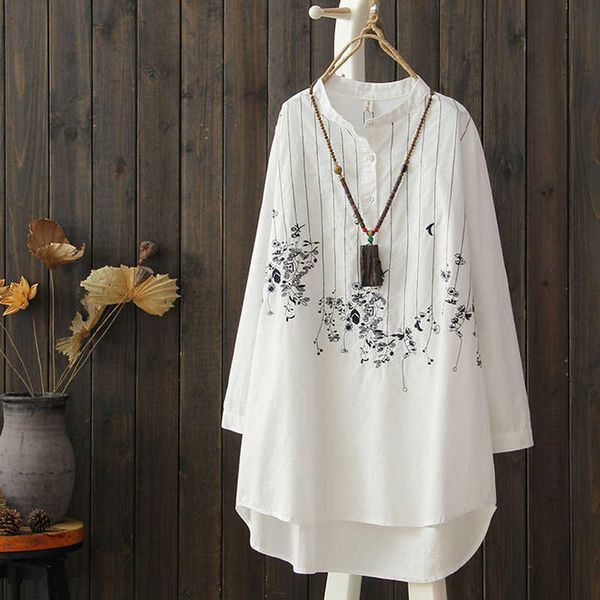 

spring autumn arts style women long sleeve loose shirts 100% cotton female stand collar embroidery vintage white blouse d446 210608