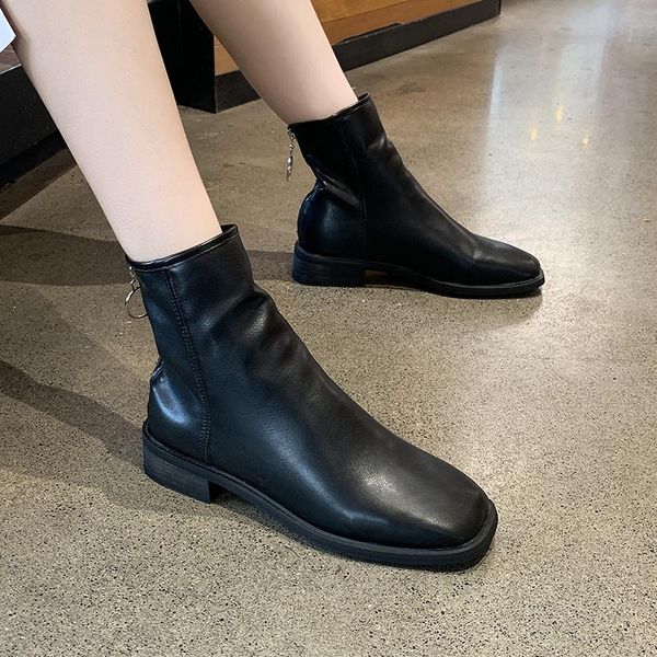 

boots 2021 autumn short ankle for women shoes woman winter black leather square toe low heels buckle zipper ladies