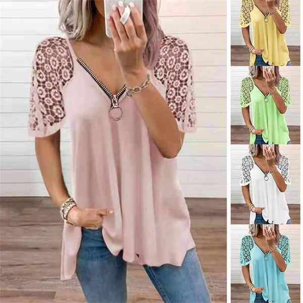 

summer women's lace stitching short sleeve solid color loose t-shirt fashion casual clothing plus size pour femmes 210708, White