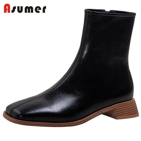 

boots asumer genuine leather shoes women ankle square toe zip thick low heels comfortable simple winter woman, Black