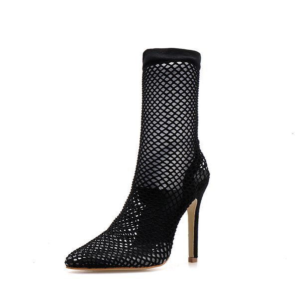 

2021 new women mesh stretch sandals summer shoes pointed toe breathable spring ol party high heel ankle boots green v88s, Black