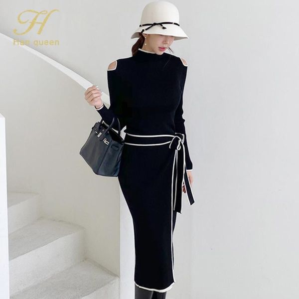 

casual dresses h han queen autumn elegant ol lace up strapless elastic knit pullover sweater long dress black sheath pencil knitted, Black;gray