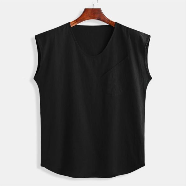 

summer fashion male vest tank men mens baggy cotton linen solid pocket sleeveless o neck blouses sport, White;black